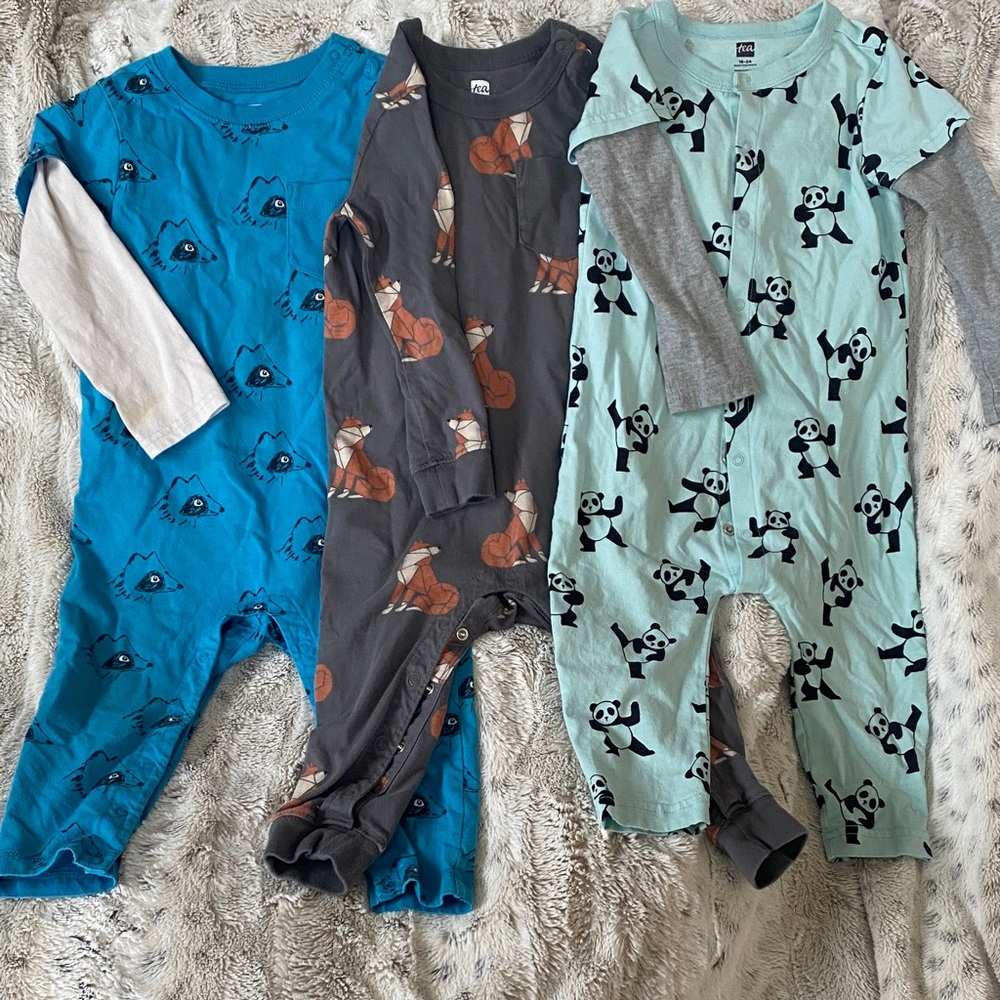 Tea Collection Animal Print Rompers 18-24 months - Blue, Gray, Mint